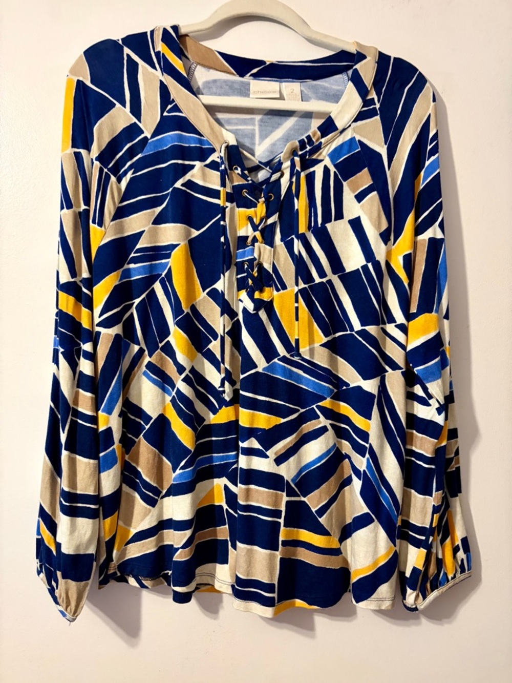 4/$25 Chico's Navy, Cream & Yellow Lace-Up Geometric Print Tunic